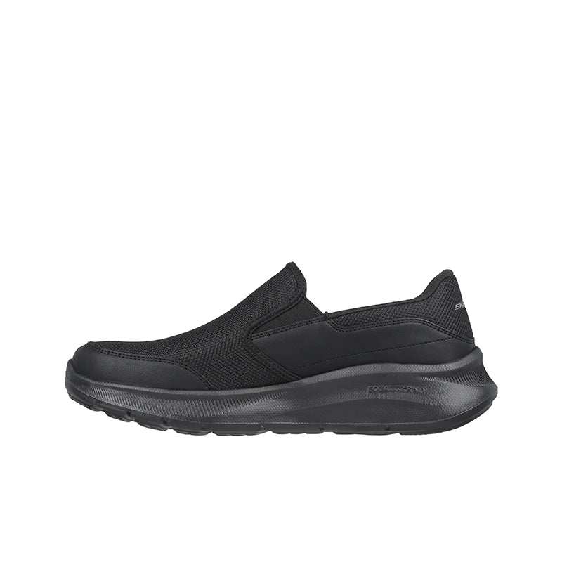 Men's black mesh slip-on sneakers, side profile with cushioned midsole