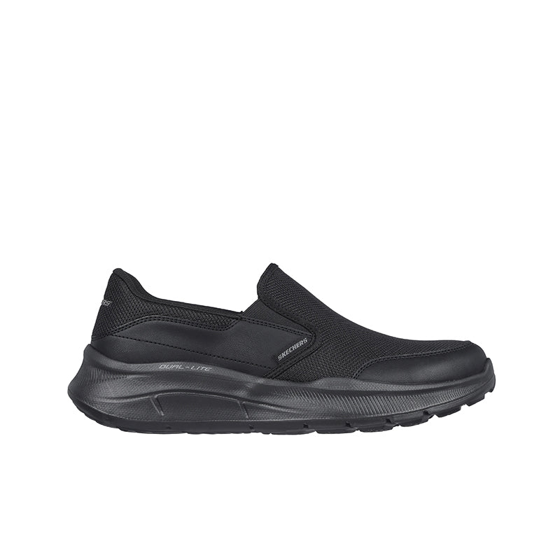 Men's black mesh slip-on sneakers with side logo and textured outsole