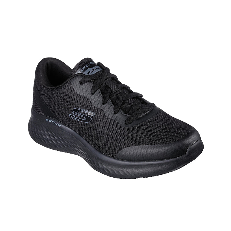 Men's black mesh lace-up sneakers with cushioned sole and Skechers side logo