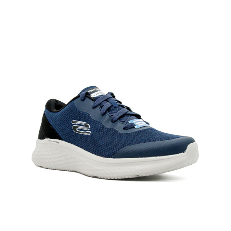 Men's navy mesh lace-up sneakers with cushioned sole and Skechers side logo
