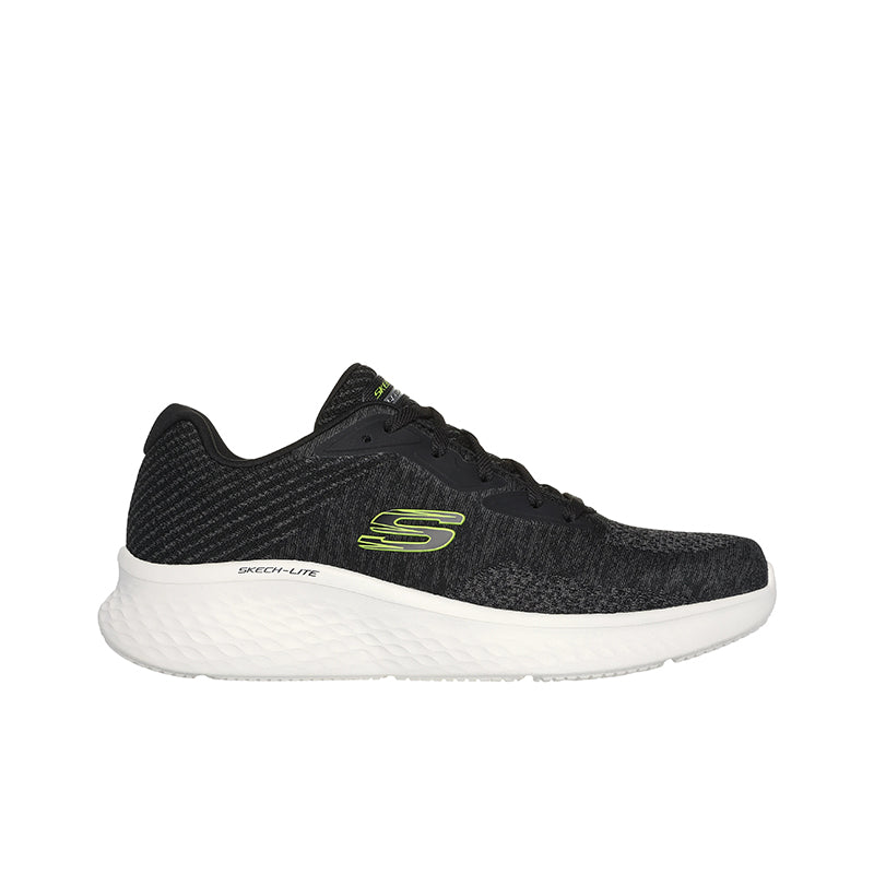 Men's Skech-Lite Pro sneakers, front angle, black mesh with lime S logo and white midsole