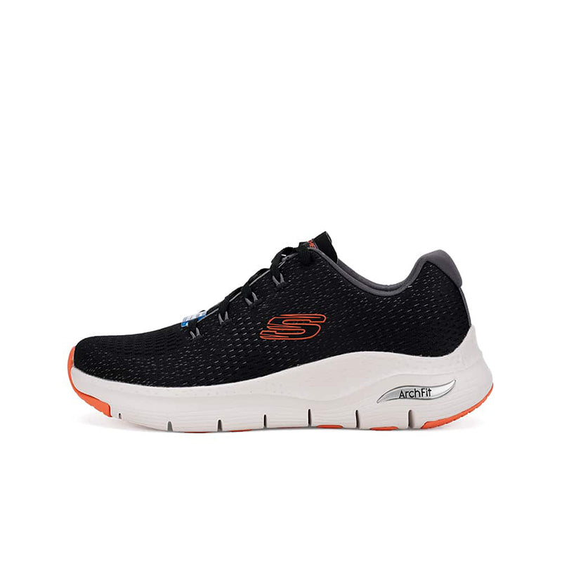 Black mesh men's sneakers with white sole, orange outsole edge, and Arch Fit logo