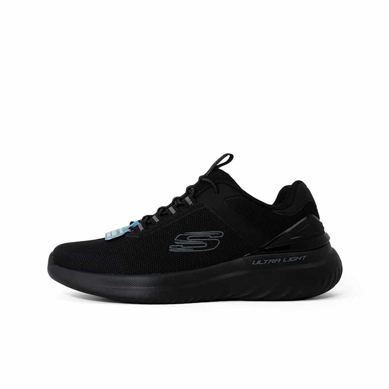 Men's black lace-up Skechers sneakers with mesh upper and cushioned sole