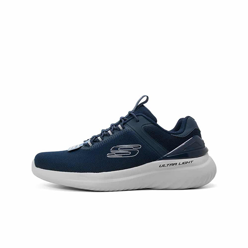 Men's navy lace-up Skechers sneakers with mesh upper and white cushioned sole