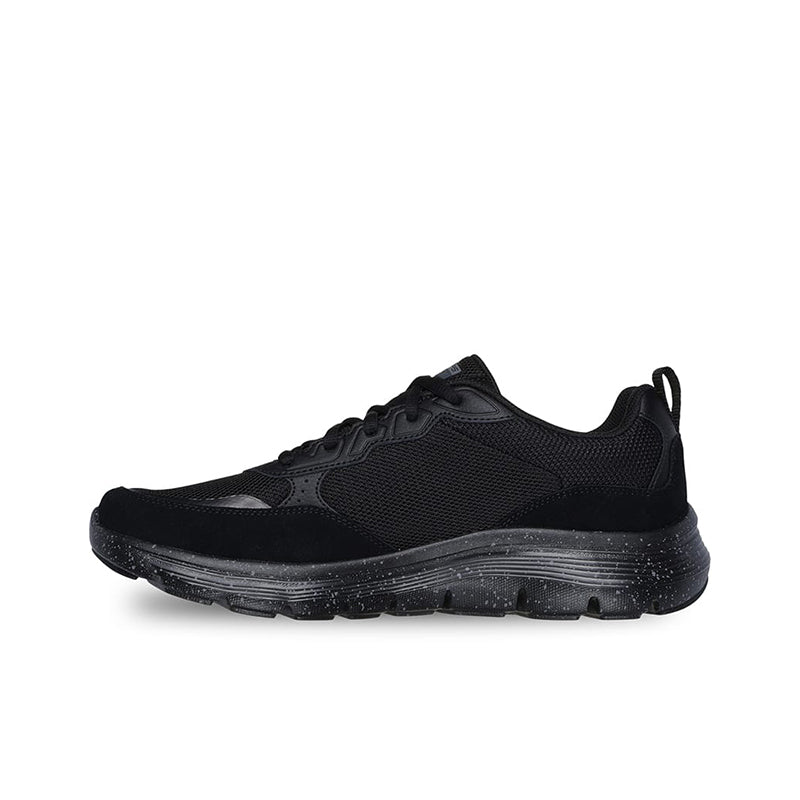 Black men’s mesh lace-up sneaker, side view with textured rubber outsole