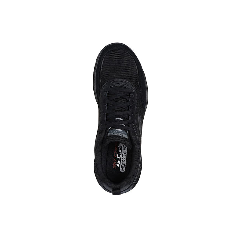 Black men’s sneaker heel view, lace closure and cushioned insole
