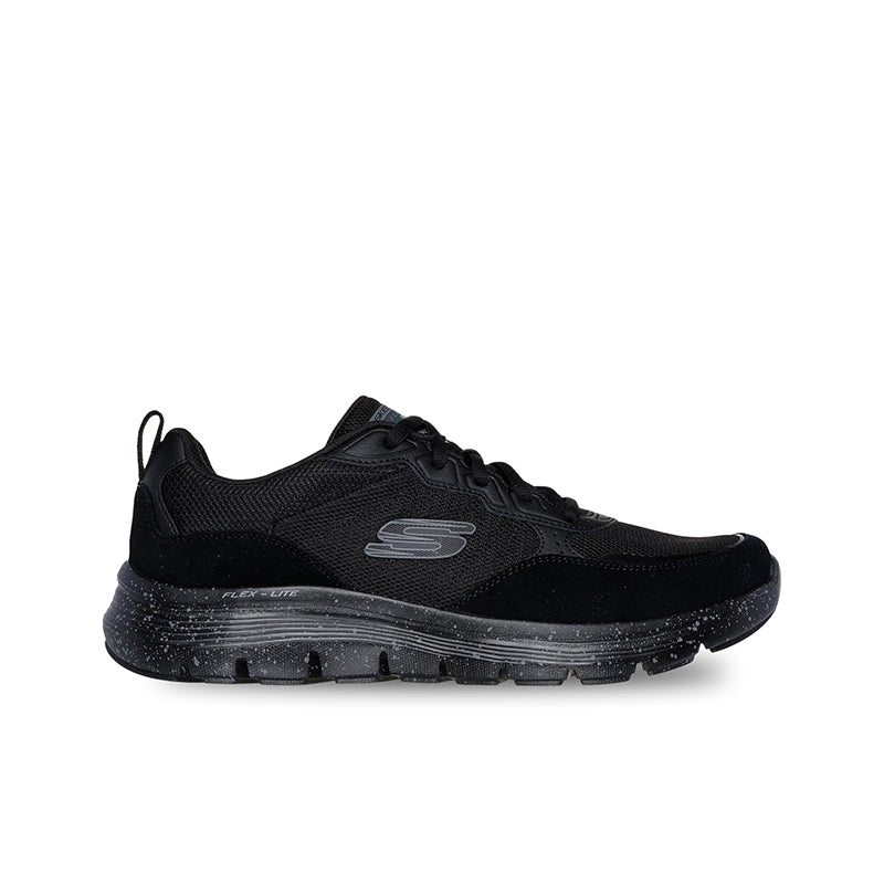 Black men’s mesh lace-up sneaker, front quarter view with cushioned sole
