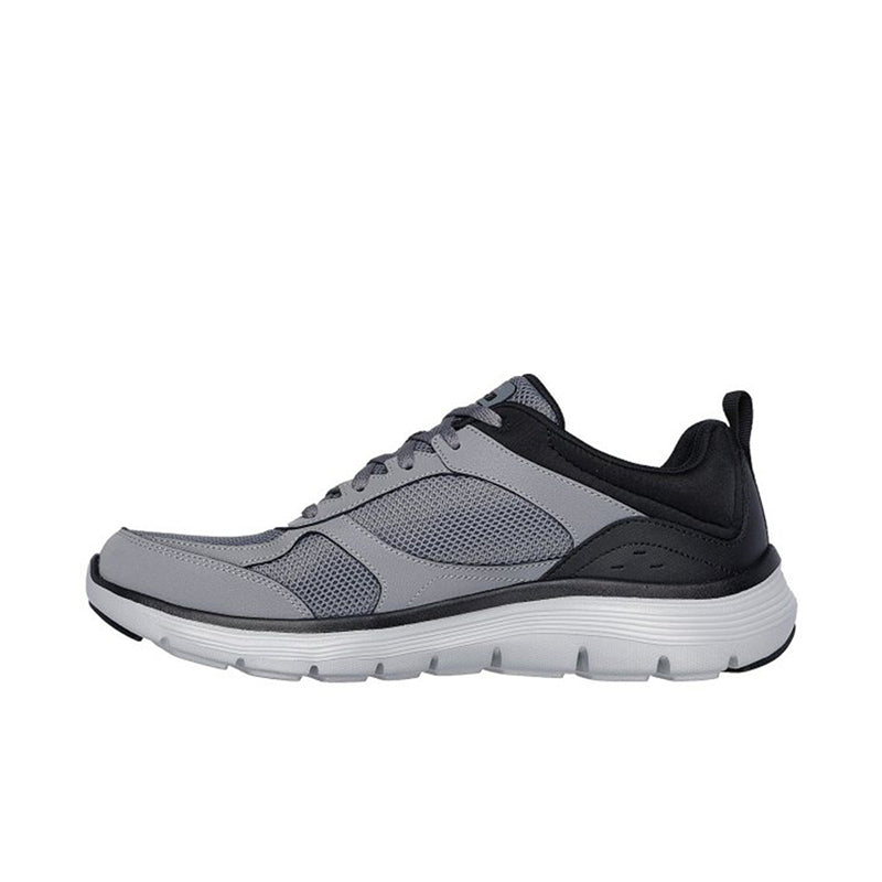 Men's charcoal and black mesh sneakers, side view with lace-up closure and white sole