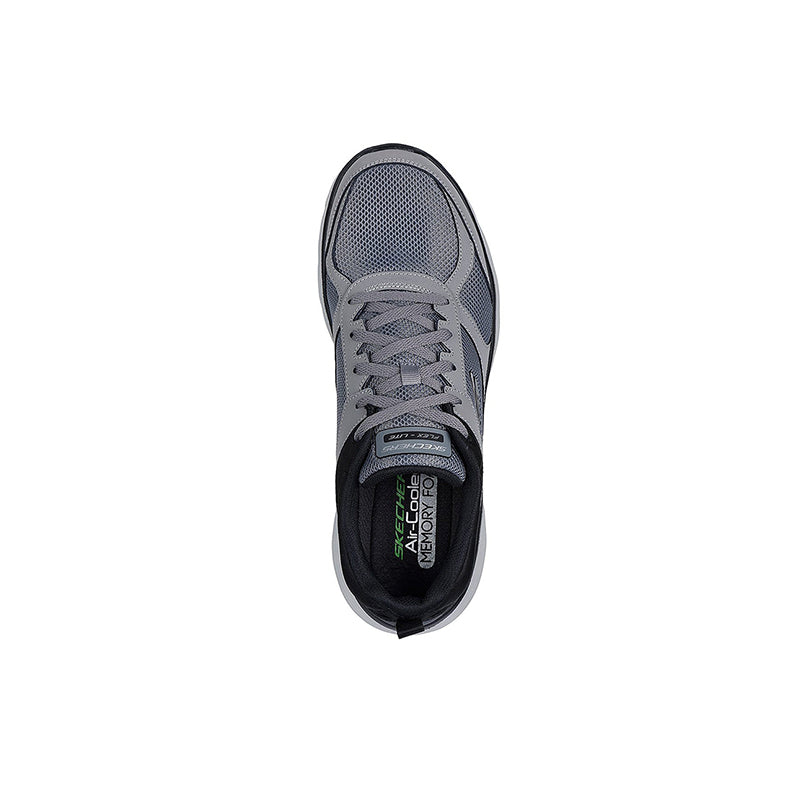 Men's charcoal mesh sneaker, top view with lace eyelets and dark collar