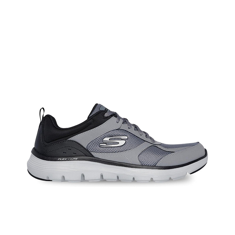 Men's charcoal and black mesh sneakers, front side view with padded tongue