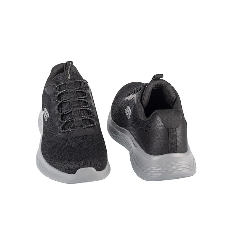 Pair of men's black lace-up sneakers with heel tab and textured side panels