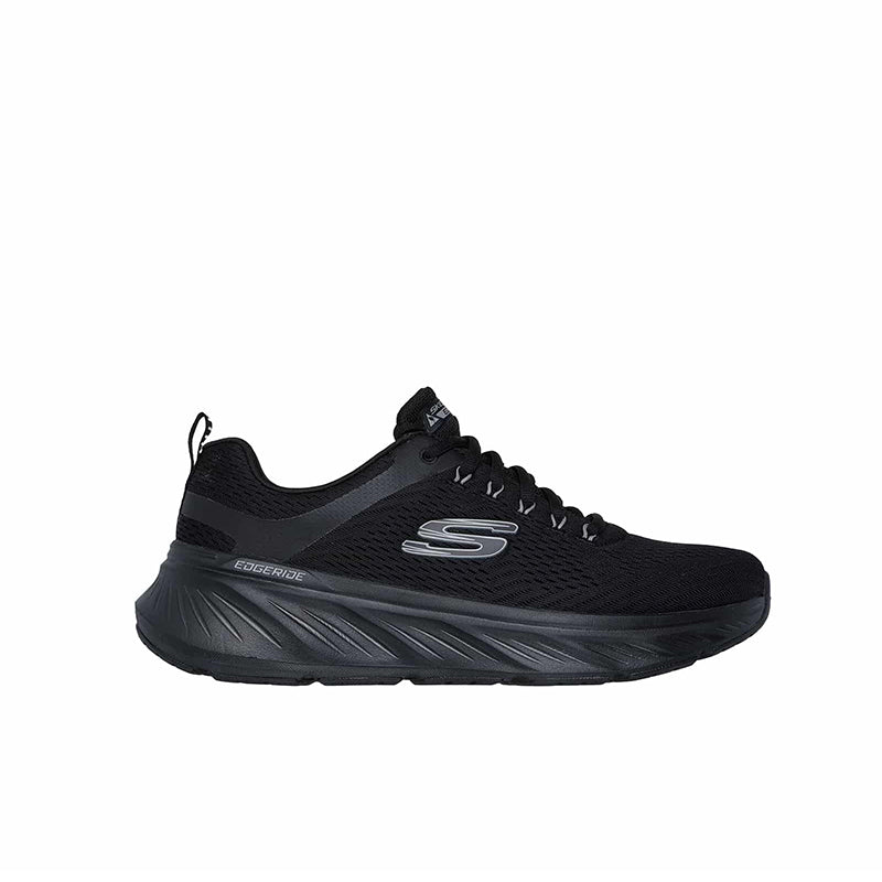 Men's black mesh lace-up sneakers, side view with chunky cushioned sole