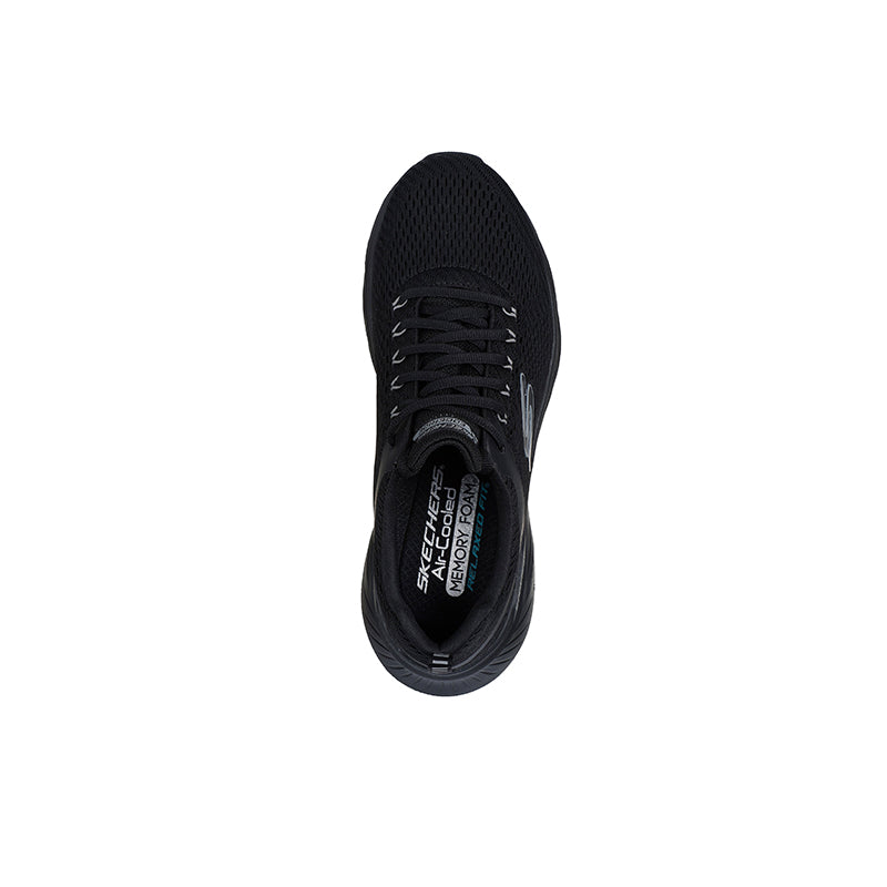 Men's black sneaker heel and laces view with fabric upper and cushioned collar