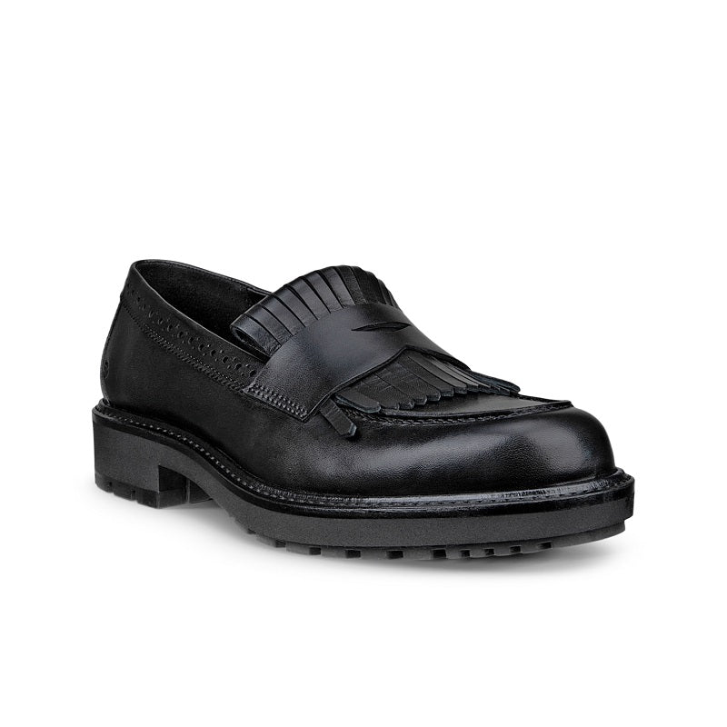 Black leather loafer with kiltie fringe detail and chunky lug sole