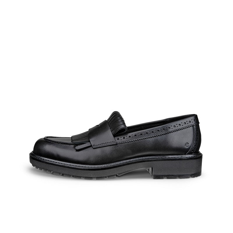 Black leather loafer with slip-on strap detail and textured lug outsole