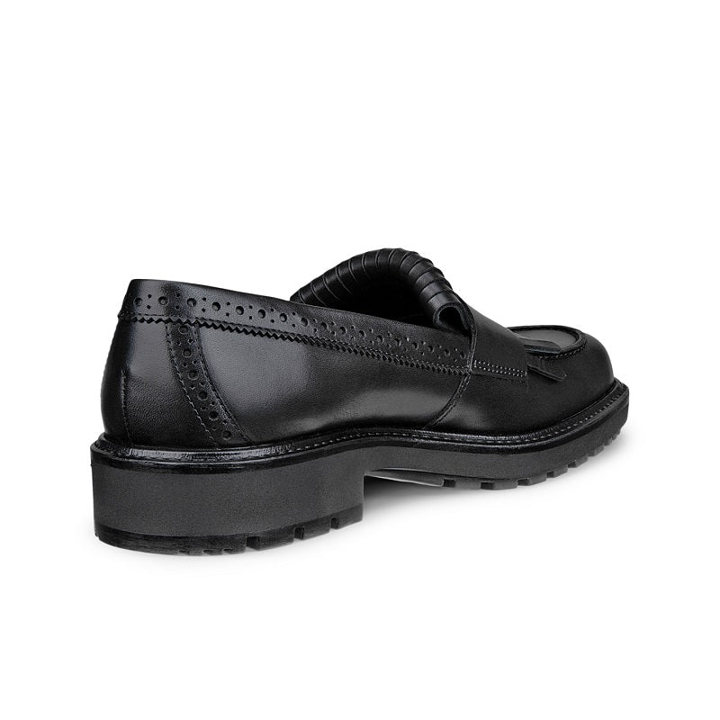 Black leather loafer with rear heel counter and perforated side trim
