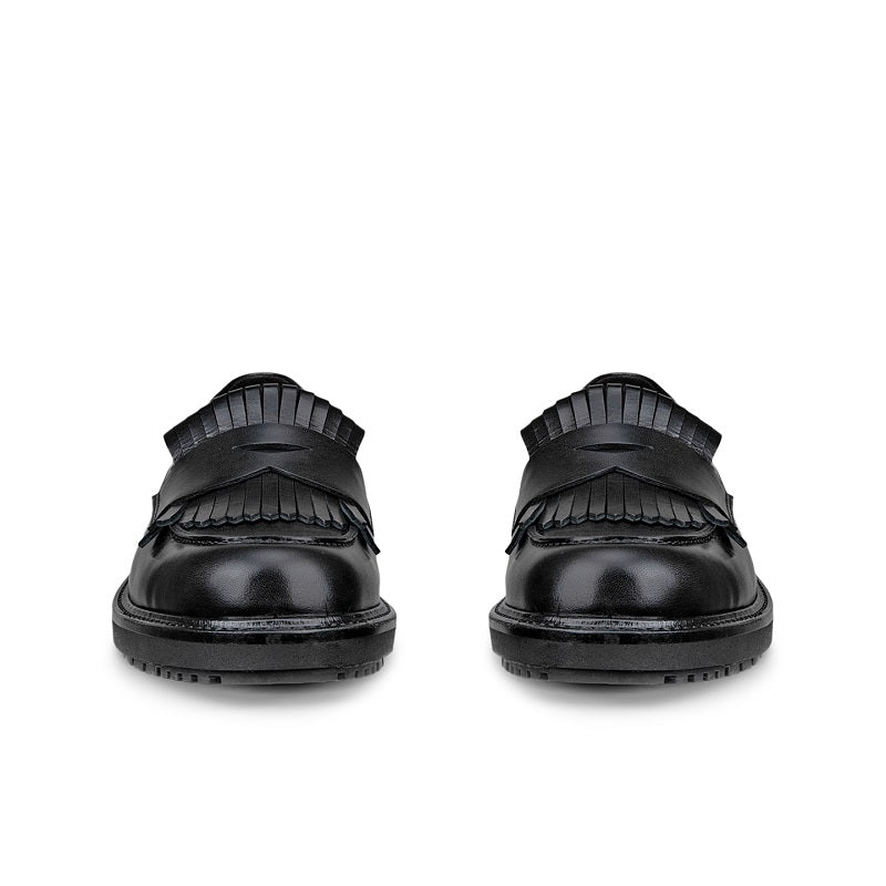 Pair of black leather loafers, rear view showing chunky lug soles