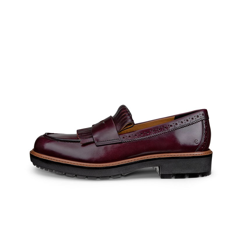 Burgundy leather loafer with perforated side panel and tan edge stripe