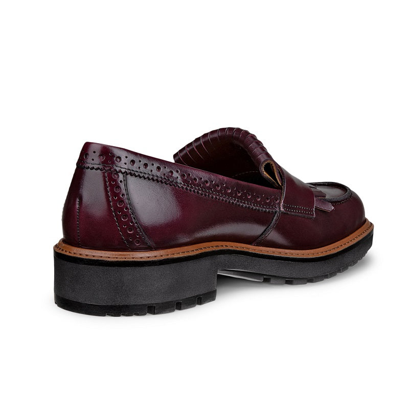 Burgundy leather loafer, side and heel view with tan-trimmed outsole