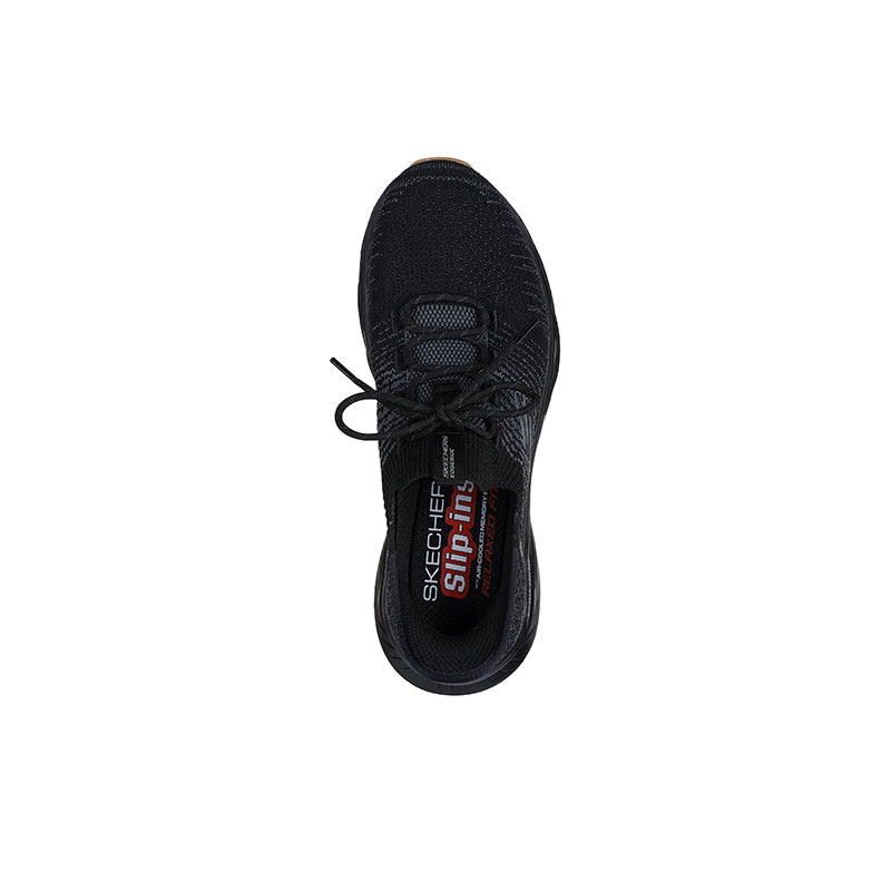Black lace-up sneaker with padded collar and 'Skechers slip-ins' tongue label.