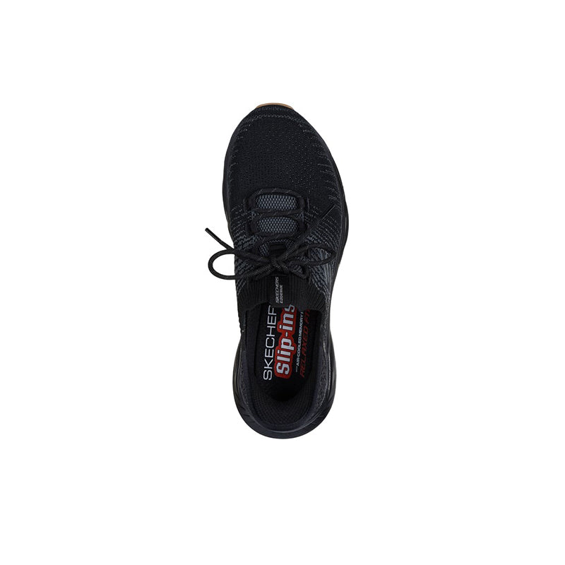 Black lace-up sneaker with 'Skechers slip-ins' logo on tongue and padded collar.