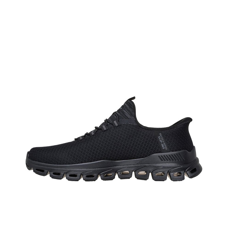 Men's black mesh casual sneakers with elastic side gore, lace-up front, chunky sole