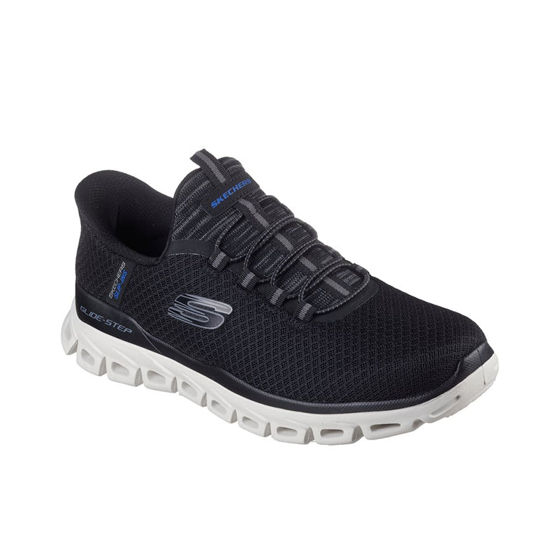 Men's black mesh sneakers with lace-up front, Skechers logo, white cushioned outsole