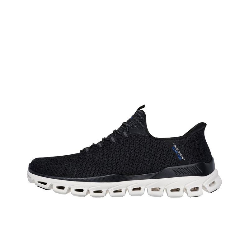 Men's black mesh sneakers with sock-like upper, lace-up front, white traction outsole