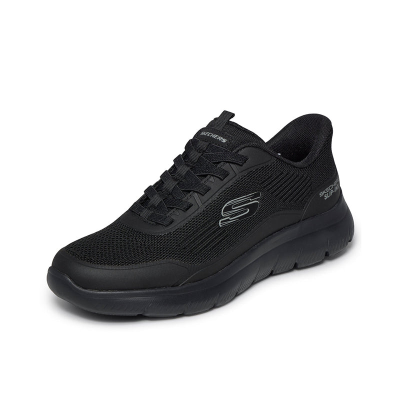 Men's Skechers black lace-up sneaker with S logo on mesh side and padded sole