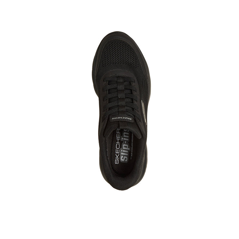 Men's Skechers black sneaker heel and tongue with stitched logo on insole