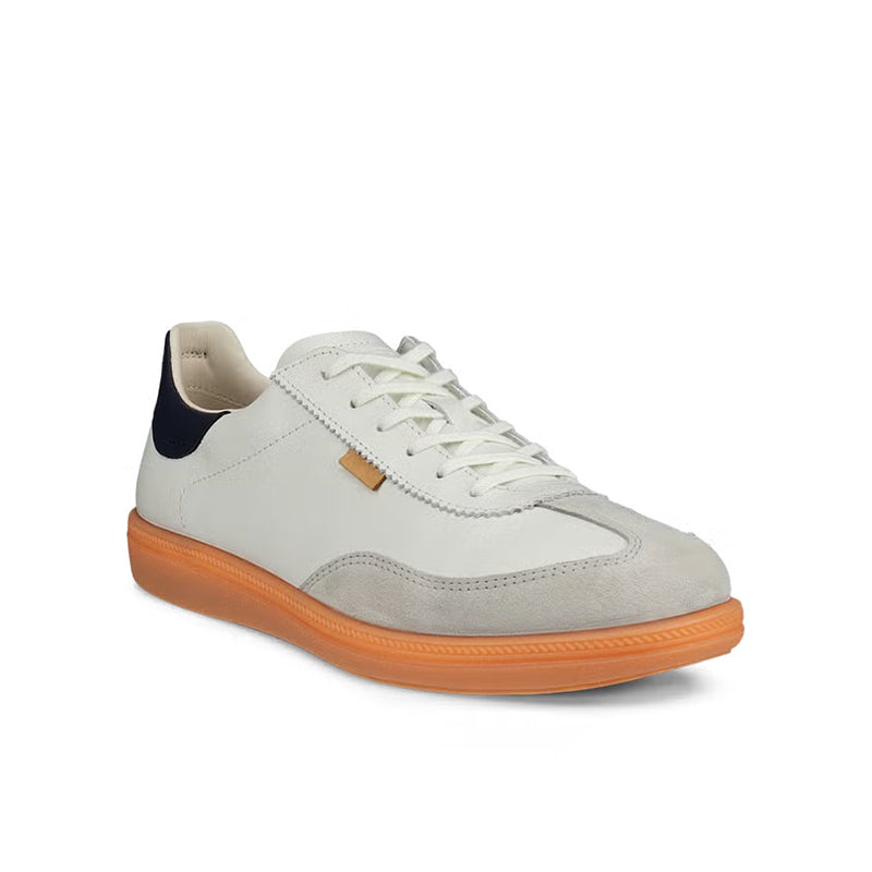 Low-top lace-up sneakers in white with navy heel panel and orange rubber outsole