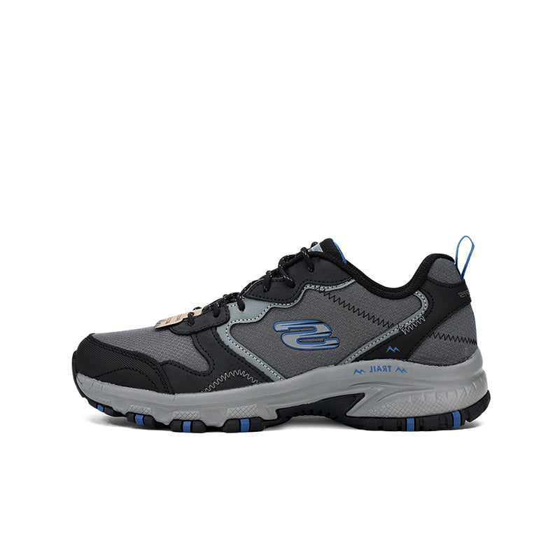 Men's casual sneaker, dark gray with black panels, blue logo and grippy outsole