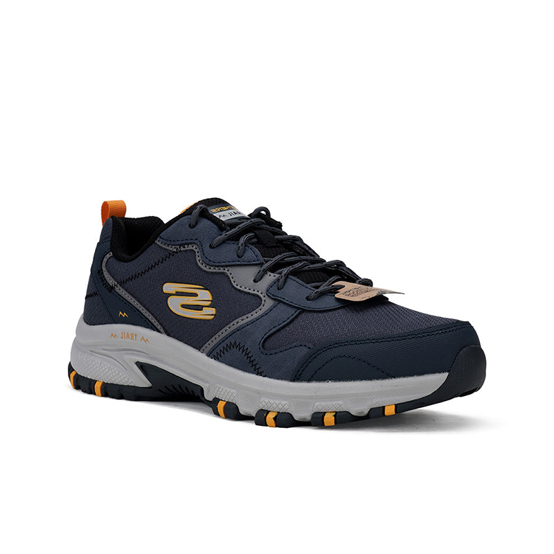 Men's casual sneaker, navy with gray overlays, gold logo and orange outsole trim
