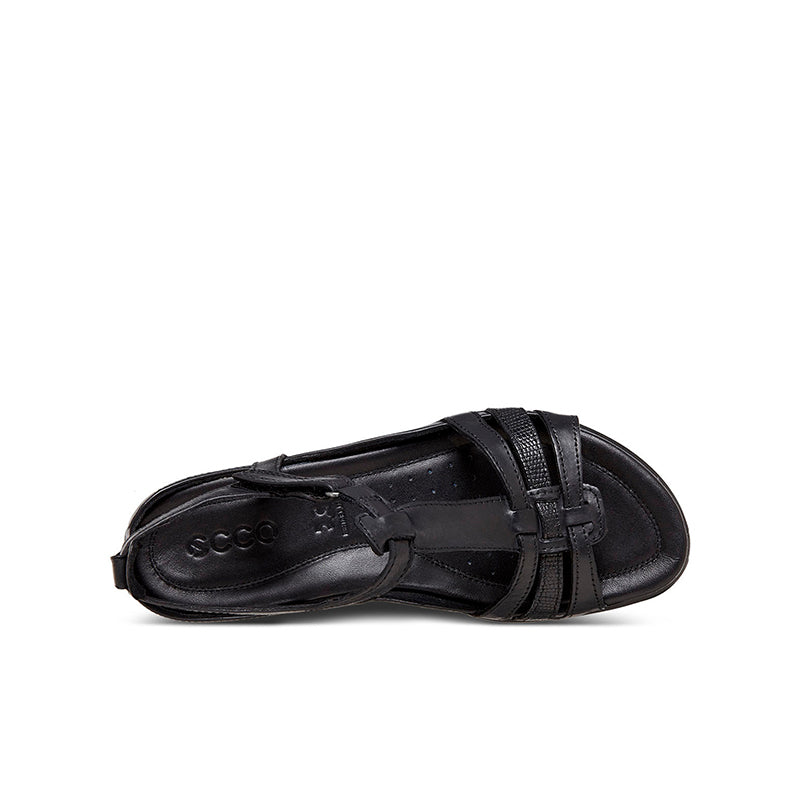 Black leather open-toe T-bar sandal with crisscross strap detail
