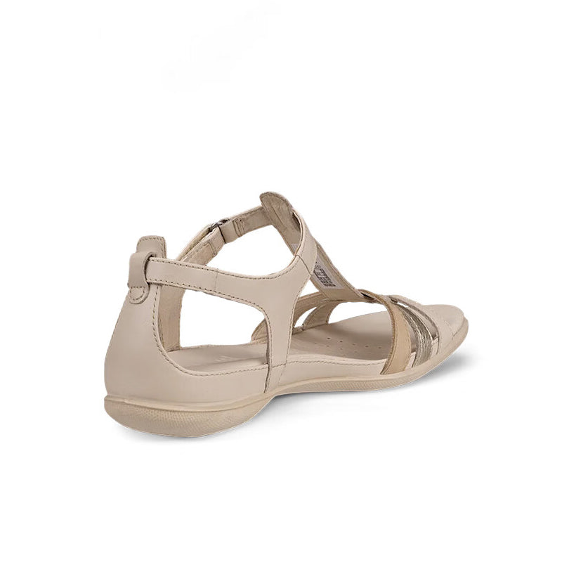 Beige leather open-toe T-bar sandals with cross straps and buckle