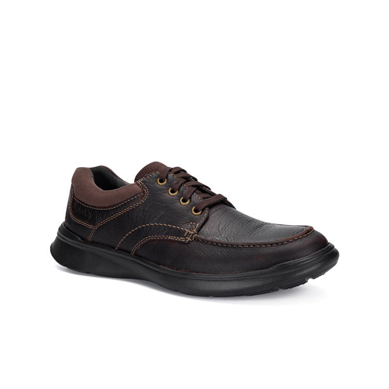 Men's dark brown leather lace-up business shoes with decorative stitching and rubber sole