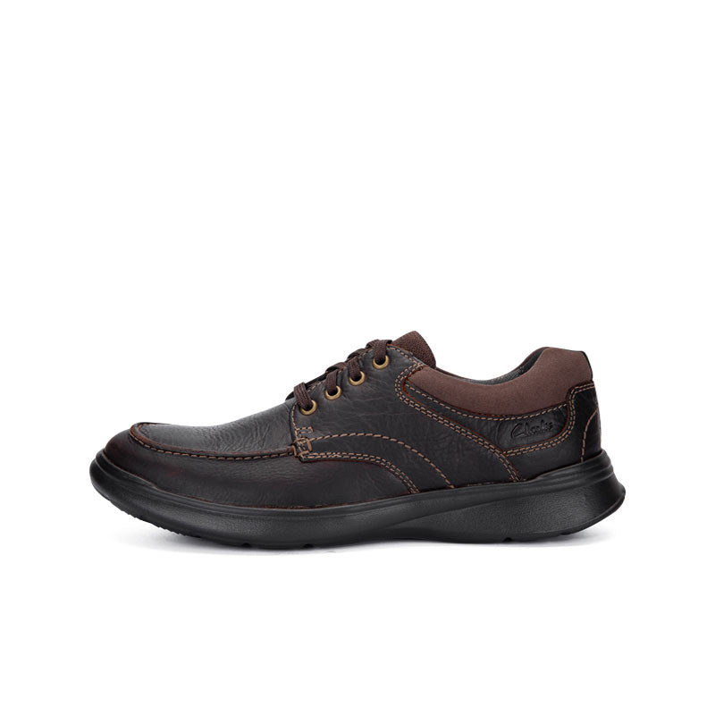 Men's dark brown leather lace-up business shoes with contrast stitching and rubber sole