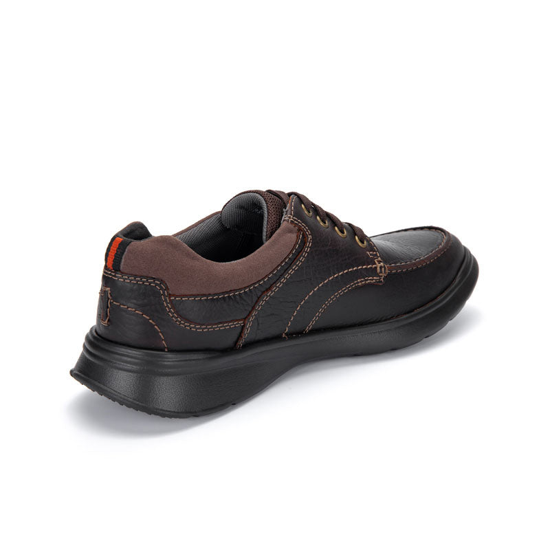 Men's dark brown leather business shoes from the back with lace-up and rubber heel