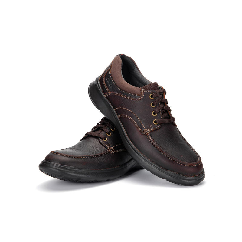 Men's dark brown leather lace-up business shoes with stitched details and rubber sole