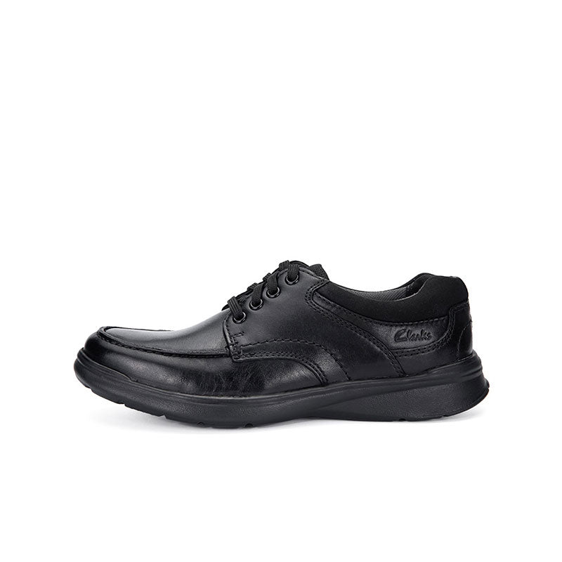 Men's black leather lace-up business shoes with stitched panels and rubber sole