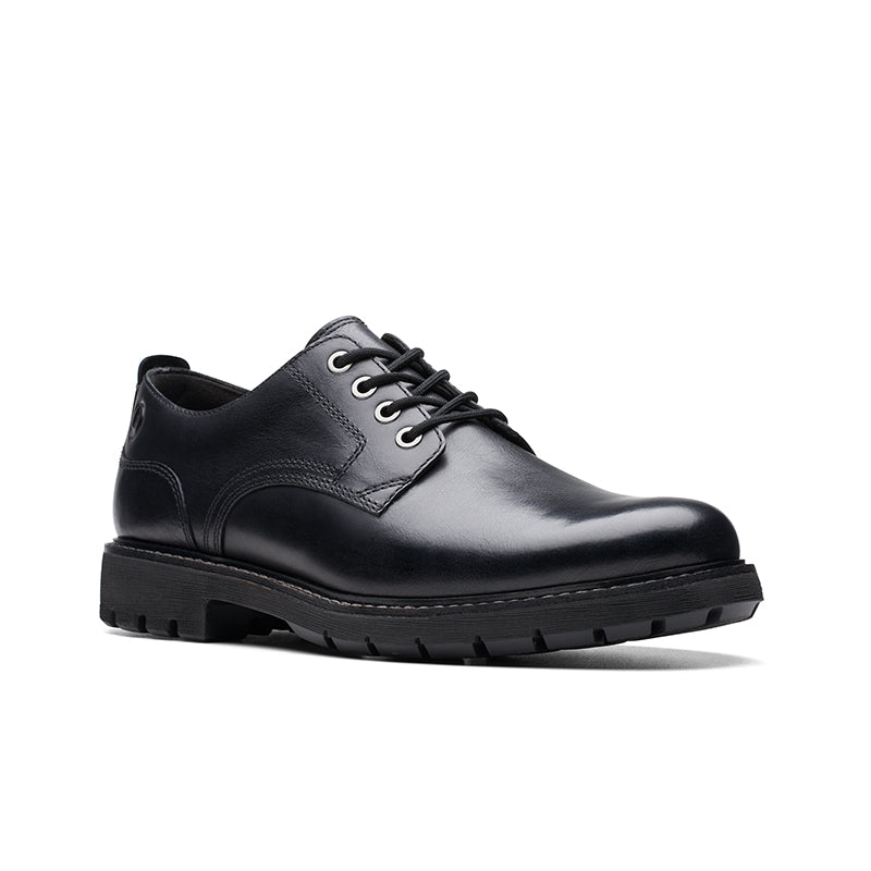 Men's black leather lace-up business shoes with grippy black tread sole