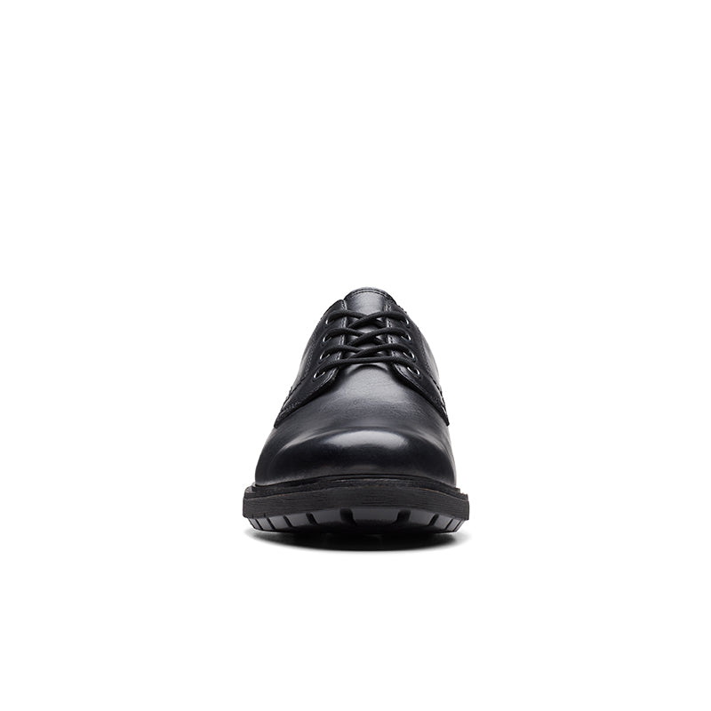 Men's black leather lace-up derby shoe with rounded toe