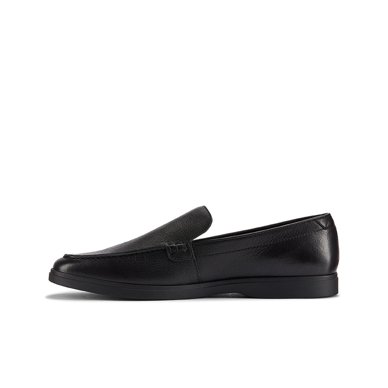 Leather slip-on loafers with moc seam detail, black upper and black outsole.