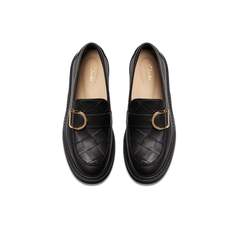 Pair of black leather penny loafers with gold-tone buckle and woven apron detail