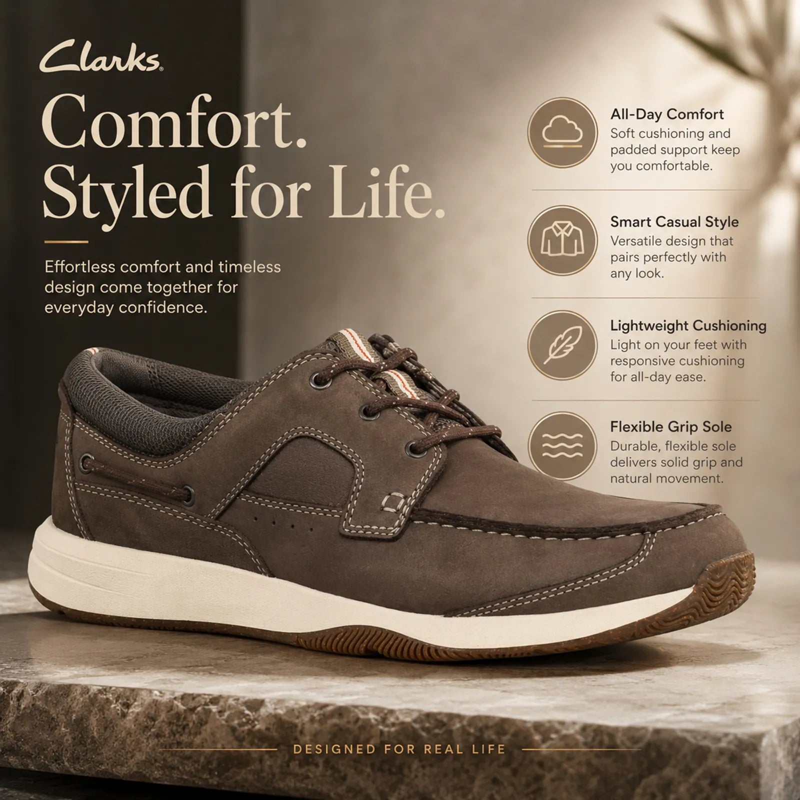 Brown nubuck lace-up walking sneakers with cushioned collar and rubber grip sole