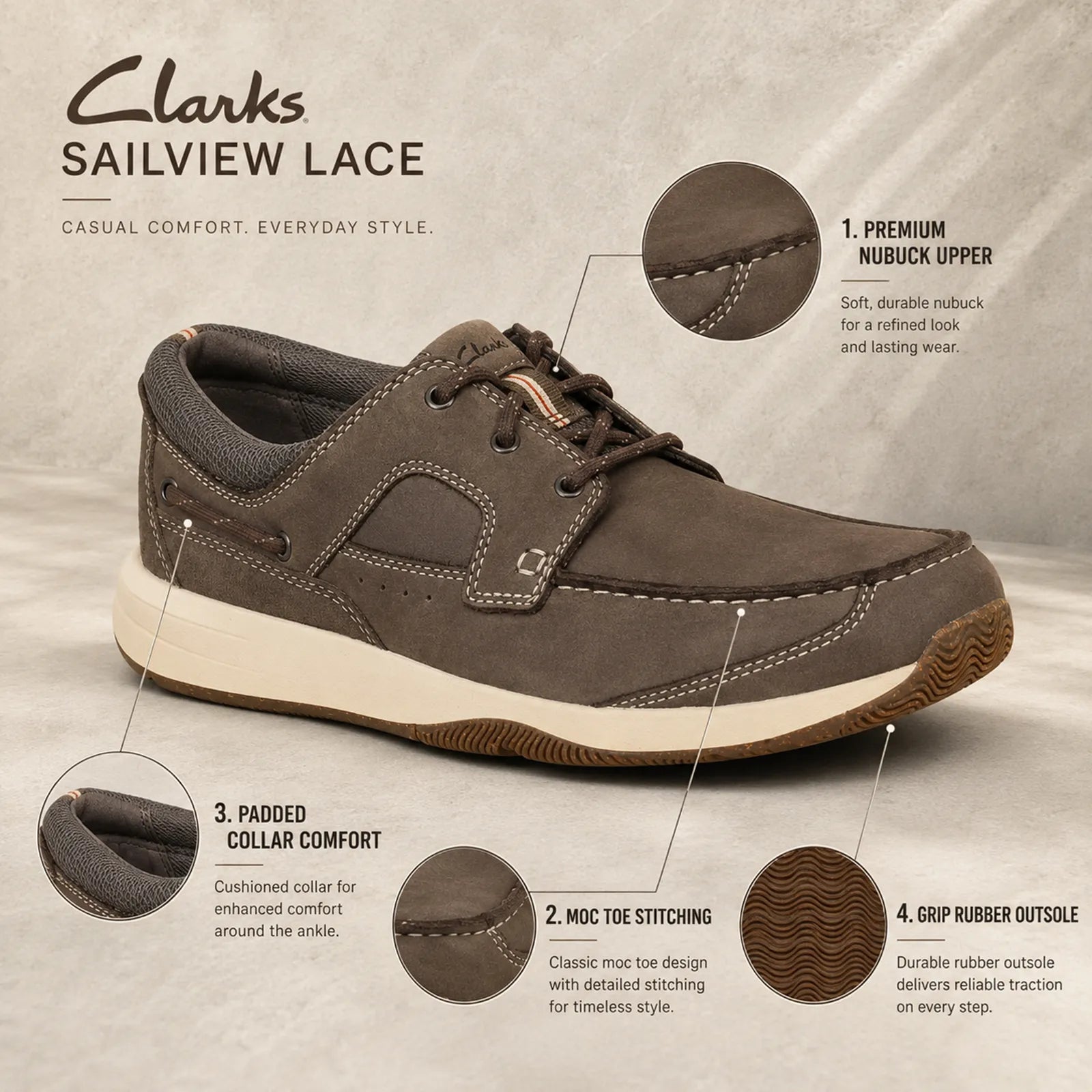 Brown nubuck lace-up sneakers with padded collar, moc stitching, and rubber outsole