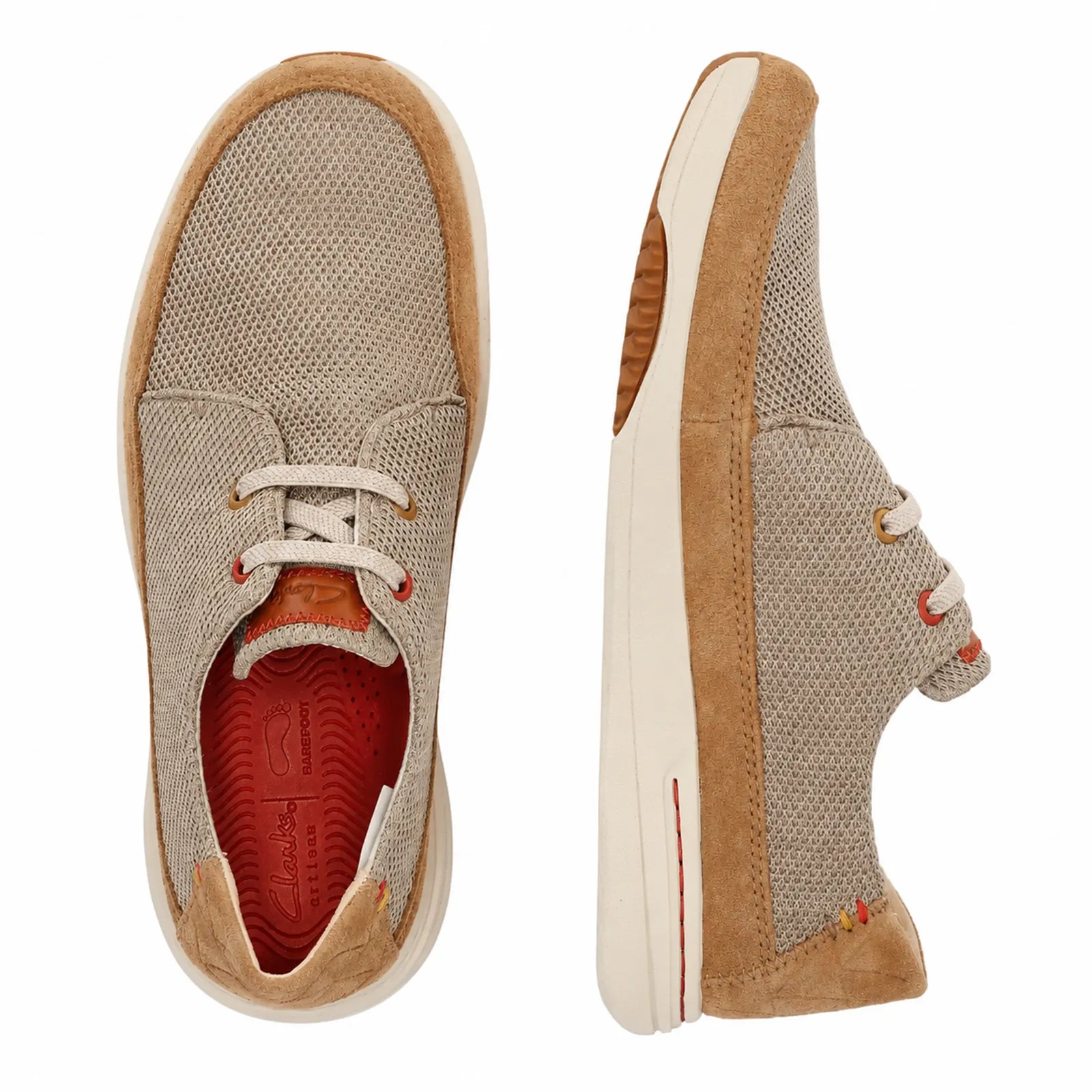 Beige knit lace-up sneakers showing red insole lining, tan suede side, white sole
