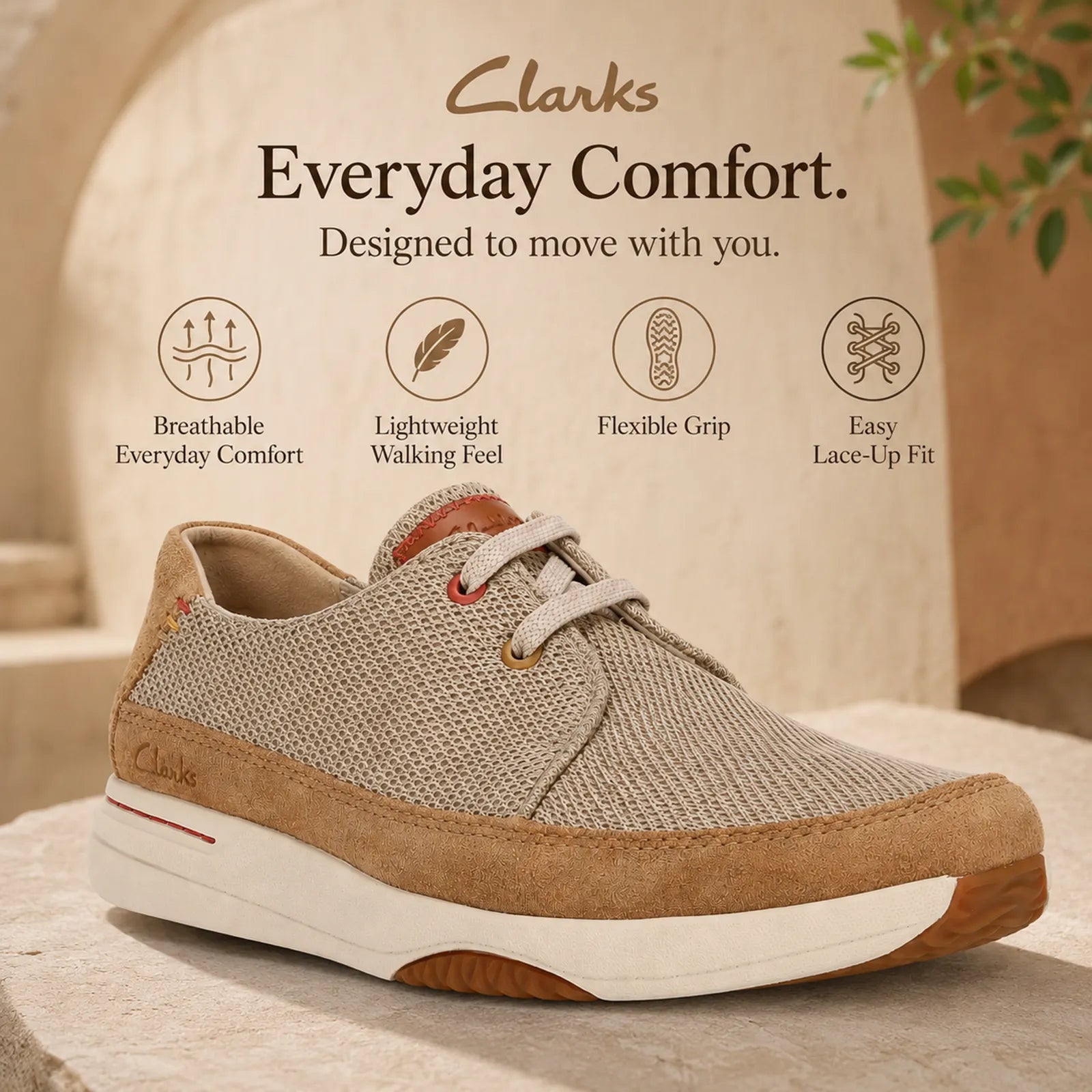 Beige knit lace-up sneakers with tan suede trim and cushioned white outsole