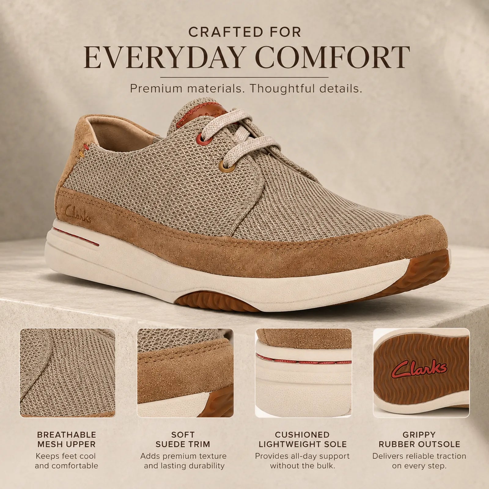 Beige knit lace-up sneakers with tan suede upper and white cushioned sole