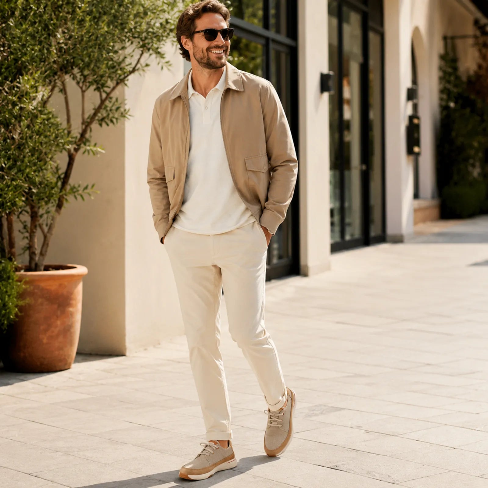 Men's beige lace-up sneakers with tan suede accents and white sole, outdoor wear